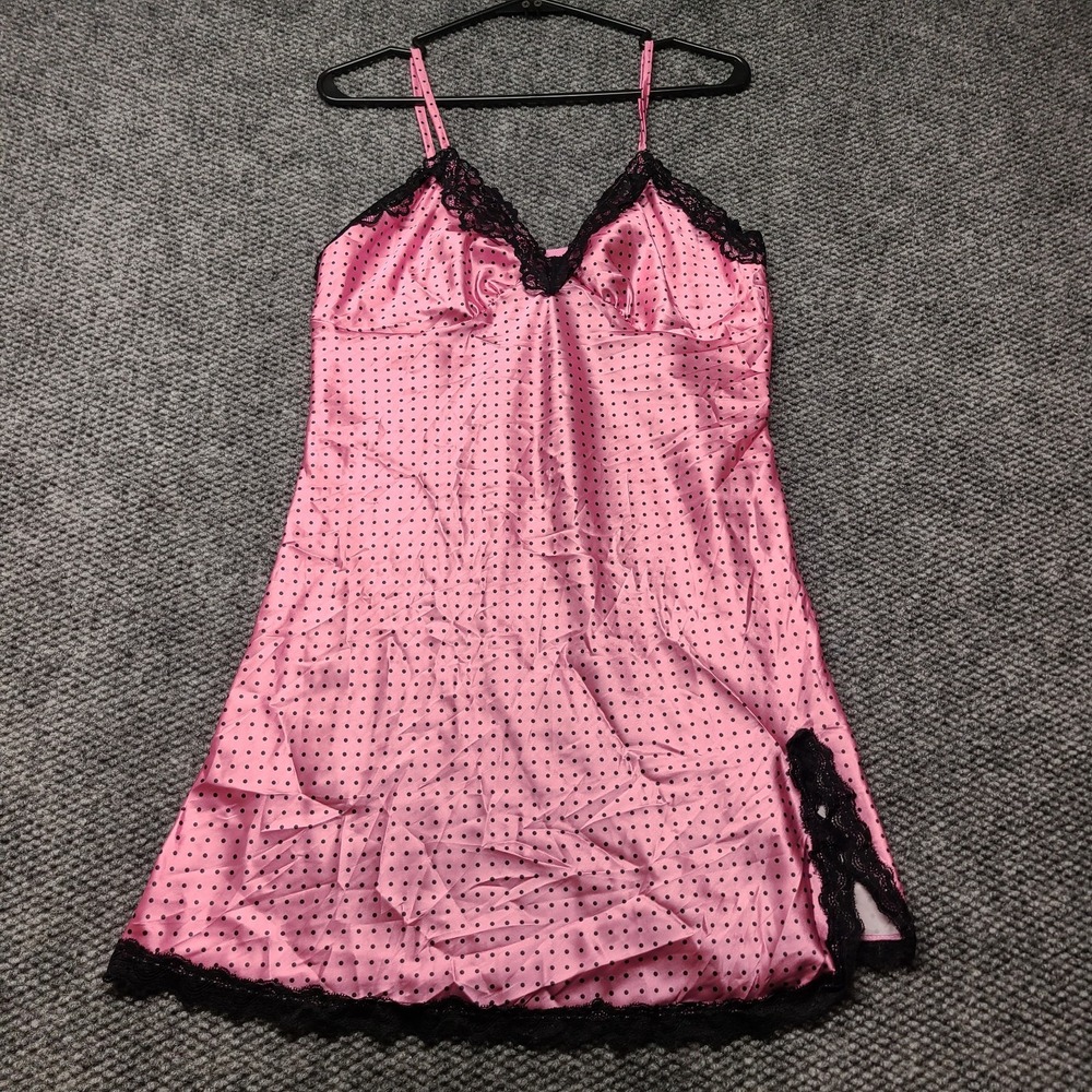 Rachel Roy Pink Polka Dot Satin Slip Dress Night Gown Lace V Neck XL RR9228